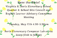  School Site Council/English Language Advisory Committee meeting on Tuesday, May 17th from 4:30-5:30pm.